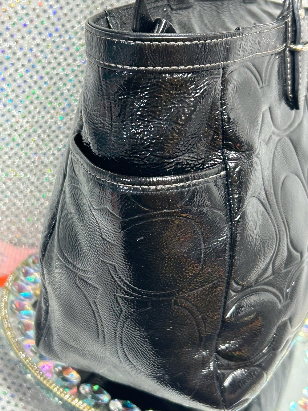 COACH Gallery Black Patent Leather Signature Tote Approx. 15.5 x 10 x 4.5 - Picture 5 of 17